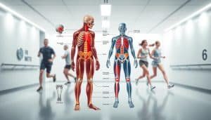 A detailed medical illustration depicting common sports injuries. In the foreground, a detailed anatomical diagram showcases various injuries to the joints, muscles, and bones, including sprains, strains, fractures, and dislocations. The middle ground features athletes in motion, clearly highlighting the affected body regions. The background is a sleek, minimalist medical setting with soft lighting, creating a clinical yet informative atmosphere. The overall composition conveys the epidemiology and impact of sports-related injuries in a visually compelling and educational manner.