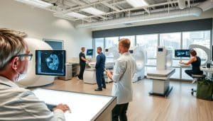 A diagnostic imaging clinic in Calgary, AB, with a sports therapy focus. In the foreground, a doctor analyzes an MRI scan on a light box, while a physiotherapist demonstrates joint mobility exercises with a patient. In the middle ground, technicians operate state-of-the-art imaging equipment like ultrasound and X-ray machines. The background showcases the clinic's modern, well-equipped facility with high ceilings, large windows, and sleek, minimalist decor. The lighting is bright and natural, creating a calm, professional atmosphere conducive to exceptional patient care and injury diagnosis. The overall scene conveys a commitment to imaging best practices and interdisciplinary collaboration in sports therapy.