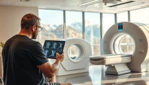 A diagnostic imaging clinic in Calgary, AB, with state-of-the-art equipment and experienced radiologists. The clinic's interior is bathed in warm, natural lighting, creating a calming atmosphere. In the foreground, a sports therapist examines an athlete's injured knee, using a tablet to analyze the latest MRI scans. The middle ground features advanced imaging machines, including an MRI and a CT scanner, highlighting the clinic's cutting-edge capabilities. The background showcases the breathtaking Rocky Mountains, underscoring the clinic's connection to the vibrant local community. The overall scene conveys the benefits of diagnostic imaging in sports therapy, enabling accurate injury diagnosis and personalized treatment plans for athletes.