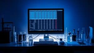 A dimly lit laboratory workspace, illuminated by the soft glow of a desktop computer monitor. Atop the desk, a detailed spreadsheet displays a grid of clinical trial data, meticulously organized and analyzed. Beakers, test tubes, and various scientific instruments surround the workspace, creating an atmosphere of methodical investigation. The room is bathed in a cool, bluish light, casting subtle shadows that accentuate the concentrated effort required for this task. The scene conveys a sense of scientific rigor and the careful examination of data that is essential for understanding the placebo effect in sports therapy.