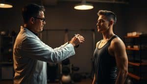 A dimly lit sports therapy clinic, with a mid-angle view capturing an athlete's posture evaluation session. In the foreground, a physical therapist in a white coat examines the athlete's spine and shoulder alignment using their hands and a posture assessment tool. The athlete, clad in athletic wear, stands relaxed but attentive, their expression focused. The background features various sports therapy equipment and accents, creating a professional, clinical atmosphere. The lighting is warm and directional, highlighting the therapist's actions and the athlete's form. The scene conveys a sense of expertise, care, and the importance of proper postural assessment for athletic performance and injury prevention.