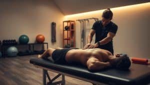 A dimly lit sports therapy clinic, with a soft, warm lighting illuminating the scene. In the foreground, a physiotherapist carefully administers manual therapy techniques to the back and shoulders of a fit, athletic patient lying on a padded table. Subtle textures of the patient's skin and the therapist's hands convey the expertise and precision of the therapeutic process. In the middle ground, various rehabilitation equipment such as exercise balls, resistance bands, and foam rollers are neatly arranged, suggesting a holistic approach to athletic therapy. The background features a clean, minimalist aesthetic with neutral-toned walls, creating a calming and professional atmosphere conducive to healing and recovery.