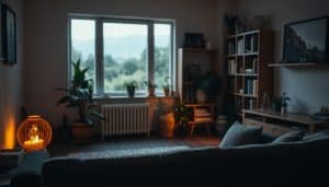 A dimly lit therapy room, with a couch in the foreground, bathed in warm, soft lighting. In the middle ground, a window offers a view of a serene, natural landscape, hinting at the calming, introspective nature of the setting. The background is filled with bookshelves, potted plants, and other accessories that suggest a thoughtful, nurturing environment. The angle is slightly elevated, creating a sense of contemplation and introspection. The overall mood is one of comfort, safety, and the potential for personal growth.