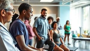 A diverse group of individuals from various cultural backgrounds, engaged in sports therapy consultations at a welcoming, modern medical facility. The foreground features a healthcare professional, attentively listening and discussing treatment options with a patient. The middle ground showcases the diverse patients, each with unique physical needs, represented by different ages, ethnicities, and abilities. The background depicts a tranquil, calming environment with natural lighting, soothing colors, and therapeutic equipment, conveying a sense of comfort and personalized care. The overall scene exudes an atmosphere of cultural sensitivity, empathy, and a patient-centric approach to sports therapy.