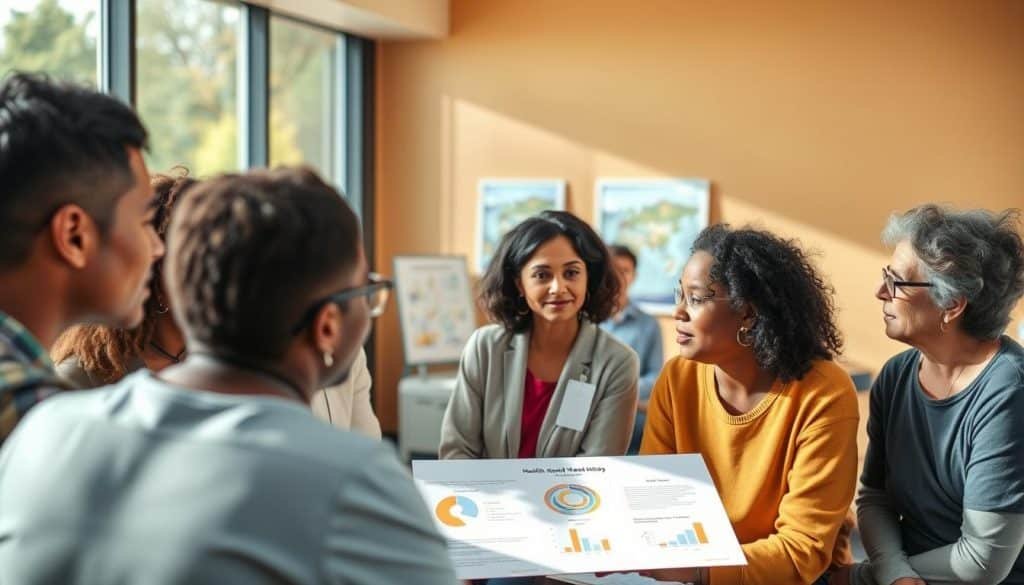 A diverse group of people engaged in thoughtful discussion, with a focus on healthcare and cultural understanding. The scene is set in a warm, inviting space with natural lighting filtering in through large windows. The foreground features individuals from various backgrounds - races, ages, and abilities - listening intently and sharing perspectives. In the middle ground, visual aids like charts and diagrams illustrate key health topics. The background suggests a healthcare setting, perhaps a clinic or community center, conveying a sense of collaborative, patient-centered care. The overall mood is one of openness, empathy, and a shared commitment to improving health outcomes through cultural sensitivity.