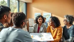 A diverse group of people engaged in thoughtful discussion, with a focus on healthcare and cultural understanding. The scene is set in a warm, inviting space with natural lighting filtering in through large windows. The foreground features individuals from various backgrounds - races, ages, and abilities - listening intently and sharing perspectives. In the middle ground, visual aids like charts and diagrams illustrate key health topics. The background suggests a healthcare setting, perhaps a clinic or community center, conveying a sense of collaborative, patient-centered care. The overall mood is one of openness, empathy, and a shared commitment to improving health outcomes through cultural sensitivity.