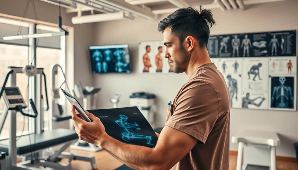 A dynamic sports therapy clinic, filled with cutting-edge medical equipment, holistic treatment modalities, and knowledgeable clinicians. In the foreground, a physiotherapist intently studying x-ray scans, their expertise evident in their focused expression. The middle ground showcases a variety of specialized tools and devices - from high-tech rehabilitation machines to manual therapy implements. In the background, a wall-mounted display presents detailed anatomical diagrams and injury management protocols, reflecting the breadth of domain-specific knowledge required in this field. Warm, natural lighting fills the space, conveying a sense of professionalism and patient-centric care. The overall atmosphere exudes a combination of scientific rigor, therapeutic innovation, and a dedication to optimizing athletic performance and recovery.