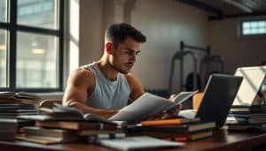 A focused athlete sitting at a desk, surrounded by open books, laptop, and research materials. Soft, directional lighting from a nearby window casts a warm glow, creating an atmosphere of scholarly concentration. The athlete's expression is one of deep thought, as they analyze data and pore over findings. The cluttered yet organized desk symbolizes the meticulous nature of the research process. In the background, subtle hints of a training facility or gym equipment suggest the duality of the athlete's life - the physical and the intellectual. The overall scene conveys the importance of research literacy for high-performance athletes.