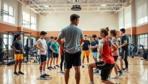 A focused study session of young athletes training together in a well-equipped gymnasium. In the foreground, a diverse group of teenagers diligently practicing various exercises and drills under the close supervision of an experienced coach. The middle ground features state-of-the-art training equipment, including weight racks, agility ladders, and cardio machines. The background showcases the gymnasium's expansive, well-lit interior with high ceilings and large windows, creating a motivating and professional atmosphere. The scene conveys a sense of dedication, teamwork, and the pursuit of athletic excellence, perfectly capturing the essence of "Understanding the Importance of Research for Athletic Development".