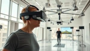A futuristic, high-tech rehabilitation center with advanced virtual reality systems. In the foreground, a patient wearing a sleek VR headset and motion-tracking sensors, immersed in a realistic 3D environment designed for physical therapy. The middle ground showcases a network of cameras, projectors, and sensors that track the patient's movements and adjust the virtual world accordingly. In the background, a clean, minimalist facility with floor-to-ceiling windows, allowing natural light to filter in and create a calming, therapeutic atmosphere. The lighting is balanced, with a soft, diffused glow accentuating the technological elements. The overall scene conveys a sense of innovation, comfort, and the seamless integration of cutting-edge VR technology with rehabilitation practices.