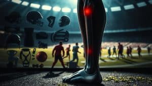 A high-contrast, cinematic sports injury risk factors scene. In the foreground, a detailed anatomical model of a human leg with injury points highlighted in bright red. In the middle ground, a collage of athletic equipment and protective gear like helmets, braces, and compression sleeves. In the background, a blurred stadium or field with athletes in action, casting long shadows. Dramatic side lighting casts dramatic shadows, heightening the sense of tension and danger. The overall mood is one of cautionary awareness, underscoring the importance of injury prevention in sports.