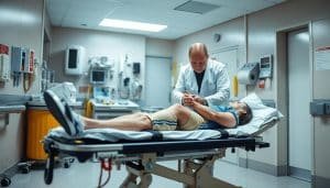 A hospital emergency room scene with an athletic therapist providing immediate care to an injured athlete on a stretcher. The therapist is wearing a white lab coat and is carefully examining the athlete's injured limb. In the background, medical equipment and supplies are neatly arranged, conveying a sense of professionalism and readiness. The lighting is bright and focused, illuminating the scene and creating a sense of urgency. The camera angle is from a slightly elevated perspective, giving a comprehensive view of the activity. The overall mood is one of calm competence and a commitment to providing the best possible care for the injured athlete.