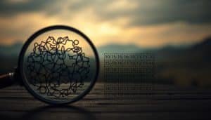 A meticulously composed visual contrasting the fundamental approaches of qualitative and quantitative research methods. In the foreground, a magnifying glass examines intricate, organic data patterns, symbolizing the in-depth, subjective nature of qualitative inquiry. In the middle ground, a precise, numerical grid represents the systematic, objective framework of quantitative analysis. The background features a blurred, atmospheric landscape, evoking the contextual, holistic perspective of qualitative research, juxtaposed with the crisp, isolated focus of quantitative methods. Dramatic, chiaroscuro lighting accentuates the distinct characteristics of these complementary research paradigms. Captured through a cinematic, shallow depth-of-field lens, the image conveys the nuanced dialogue between qualitative and quantitative approaches to understanding the world.