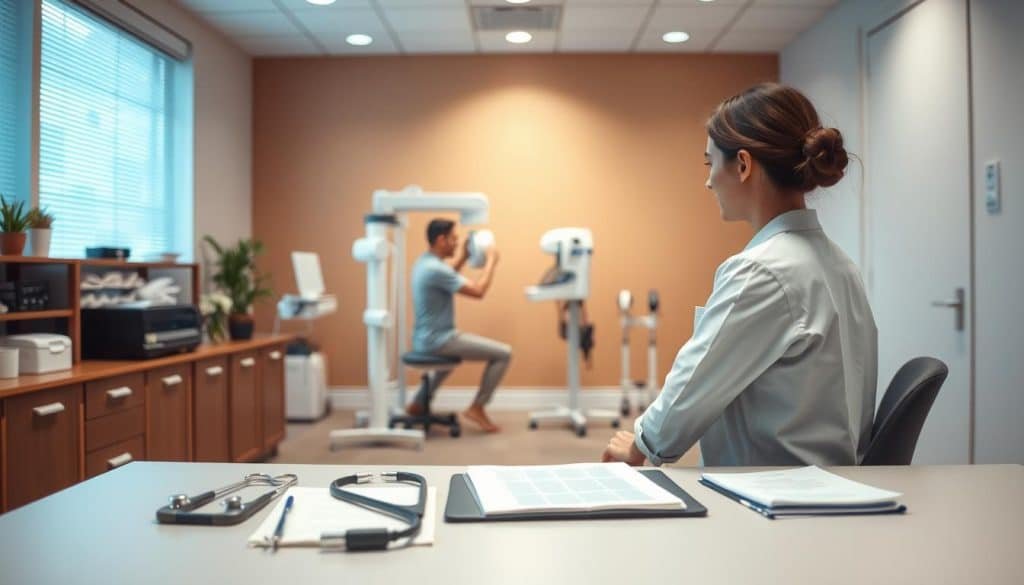 A modern, clean-lined office space with a physical therapist's desk in the foreground. On the desk, an array of medical instruments and documents, conveying a sense of professionalism and expertise. In the middle ground, a patient undergoing evaluation, surrounded by diagnostic equipment. The background features a warm, neutral-toned wall, subtly suggesting the cozy, welcoming atmosphere of a healthcare facility. Soft, diffused lighting illuminates the scene, creating a calm, reassuring ambiance. The overall composition reflects the seamless, informed process of a physical therapy referral.