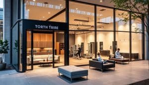 A modern, well-equipped sports therapy clinic nestled in the heart of Calgary's vibrant Riverside neighborhood. The exterior features a sleek, glass facade with an inviting entrance. Inside, the spacious lobby is filled with natural light, creating a serene, calming atmosphere. Patients relax on plush sofas as they wait for their appointments. In the treatment rooms, state-of-the-art equipment and soothing decor promote healing and recovery. Athletic trainers and physiotherapists work diligently, providing personalized care to their clients. The clinic's attention to detail and commitment to excellence are evident in every aspect of the facility.