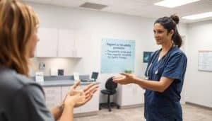A modern, well-lit medical clinic interior. In the foreground, a nurse in scrubs is demonstrating proper hand hygiene techniques to a patient. The middle ground features medical equipment, cabinets, and a diagnostic display. In the background, subtle signage outlines patient safety protocols and regulatory standards for sports therapy. The atmosphere conveys a sense of professionalism, cleanliness, and attention to detail in providing quality, safe care.