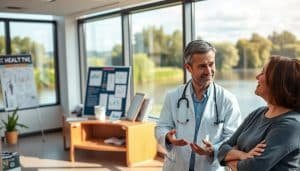A modern, well-lit medical office interior with large windows overlooking a riverside landscape. In the foreground, a doctor and patient engaged in a thoughtful discussion, their expressions conveying understanding and trust. The doctor gestures with clarity, while the patient leans in, actively listening. The middle ground features medical diagrams and informational materials, emphasizing the importance of health literacy. The background showcases the tranquil riverside view, symbolizing the calming, restorative effects of clear communication on patient outcomes.