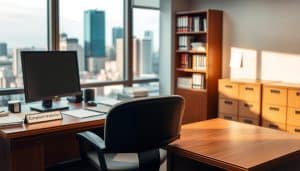 A neatly organized office interior, with a wooden desk and swivel chair in the foreground. On the desk, a nameplate reads "Complaint Resolution" and there are various documents and a desktop computer. In the middle ground, a large window overlooking a cityscape, bathed in warm, natural lighting. In the background, a bookshelf and filing cabinets, hinting at the administrative processes involved in complaint handling. The overall mood is one of professional efficiency and attention to detail, conveying a sense of care and diligence in the sports therapy regulatory oversight.