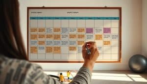 A neatly organized schedule board with carefully planned sports therapy sessions, color-coded and arranged in a grid layout. The board is illuminated by warm, natural lighting, casting a soothing glow over the meticulously detailed calendar. In the foreground, a sports therapist's hand meticulously marks each session, ensuring a consistent and structured recovery plan. The middle ground features various therapy tools, such as resistance bands and exercise balls, subtly hinting at the personalized nature of the treatments. The background showcases a serene, minimalist office space, emphasizing the importance of a calming environment for optimal healing and progress.
