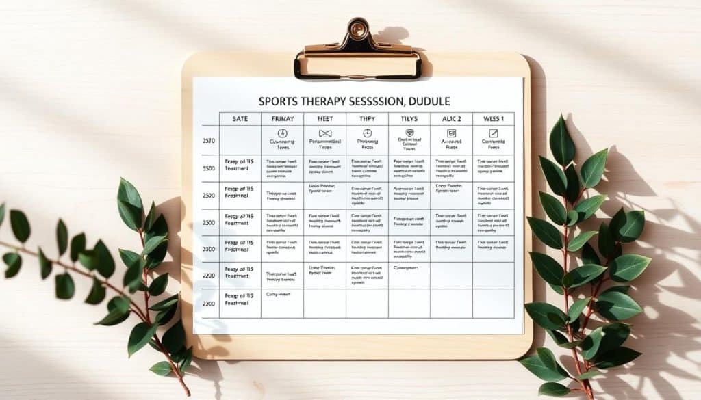 A neatly organized weekly sports therapy session schedule, with adjustable blocks for different treatments and activities. The schedule is displayed on a minimalist, light-colored wooden clipboard or desk surface, surrounded by a calming, natural atmosphere. The layout features clean typography, icons, and color-coded sections for easy reference. Soft, diffused lighting casts gentle shadows, creating a professional yet approachable aesthetic. The overall composition conveys a sense of structured guidance and personalized care for the patient's rehabilitation journey.