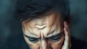A person experiencing chronic musculoskeletal pain, captured in a close-up portrait. The subject's face is etched with discomfort, brow furrowed, eyes downcast. Surrounding the head, a hazy, atmospheric backdrop suggests the debilitating nature of the condition, with muted tones and a sense of constriction. The lighting is soft and diffused, casting subtle shadows that accentuate the tension in the subject's features. The overall mood is one of introspection and the struggle to endure persistent physical discomfort.
