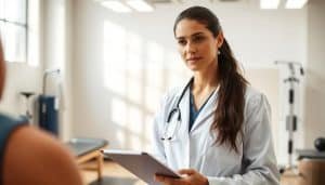 A professional-looking CATA certified athletic therapist standing in a well-lit sports therapy clinic, wearing a white lab coat and holding a clipboard. The therapist has a calm, focused expression as they examine a patient's injury. The clinic is modern and clean, with state-of-the-art equipment visible in the background. The lighting is soft and natural, creating a serene, therapeutic atmosphere. The image is captured from a slightly elevated angle, giving a sense of authority and expertise.