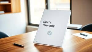 A professional whitepaper cover on a sleek wooden desk, illuminated by warm, natural lighting from a large window. The cover features the title "Sports Therapy Education" in a clean, modern font, with a minimalist sports-themed icon or graphic in the corner. The surface is stylishly cluttered with a few relevant office supplies, such as a pen, highlighter, and small notepad, creating a sense of productivity and research. The background is a soft, muted gradient, allowing the whitepaper to be the focal point. The overall scene conveys a sense of authority, expertise, and thoughtful academic inquiry.