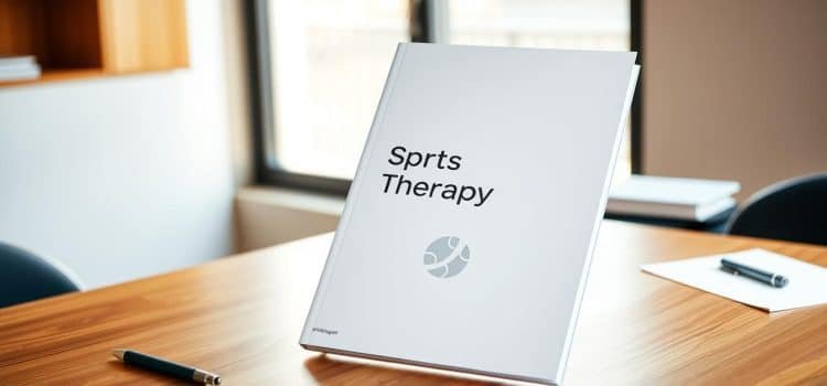 A professional whitepaper cover on a sleek wooden desk, illuminated by warm, natural lighting from a large window. The cover features the title "Sports Therapy Education" in a clean, modern font, with a minimalist sports-themed icon or graphic in the corner. The surface is stylishly cluttered with a few relevant office supplies, such as a pen, highlighter, and small notepad, creating a sense of productivity and research. The background is a soft, muted gradient, allowing the whitepaper to be the focal point. The overall scene conveys a sense of authority, expertise, and thoughtful academic inquiry.