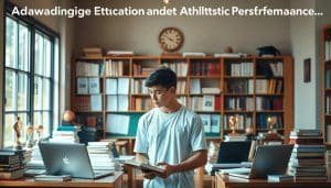 A serene academic setting, where an athlete stands amid a backdrop of books, laptops, and study materials. The figure is thoughtful, engaged in research, surrounded by a warm, focused ambiance. Soft, natural lighting illuminates the scene, casting a contemplative glow. The composition emphasizes the harmony between athletic prowess and intellectual pursuit, showcasing the student-athlete's dedication to both physical and mental development. Subtle details, such as trophies or certificates, hint at the individual's achievements, creating a sense of balance and growth. This image aims to convey the idea of "Advancing Education and Athletic Performance" - a seamless integration of academic excellence and athletic excellence.