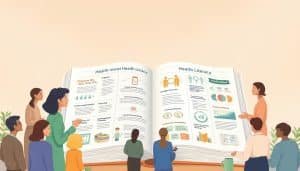 A serene and informative illustration showcasing the fundamentals of health literacy. In the foreground, a group of people of diverse ages and backgrounds engage in thoughtful discussions, exchanging knowledge and understanding. The middle ground features a large open book, its pages filled with clear, well-designed infographics and diagrams explaining key health literacy concepts, such as navigating the healthcare system, interpreting medical information, and making informed decisions. In the background, a warm, diffused lighting creates a welcoming and educational atmosphere, highlighting the importance of fostering a health-literate community. The overall composition conveys a sense of empowerment, knowledge-sharing, and a commitment to improving individual and collective health outcomes.