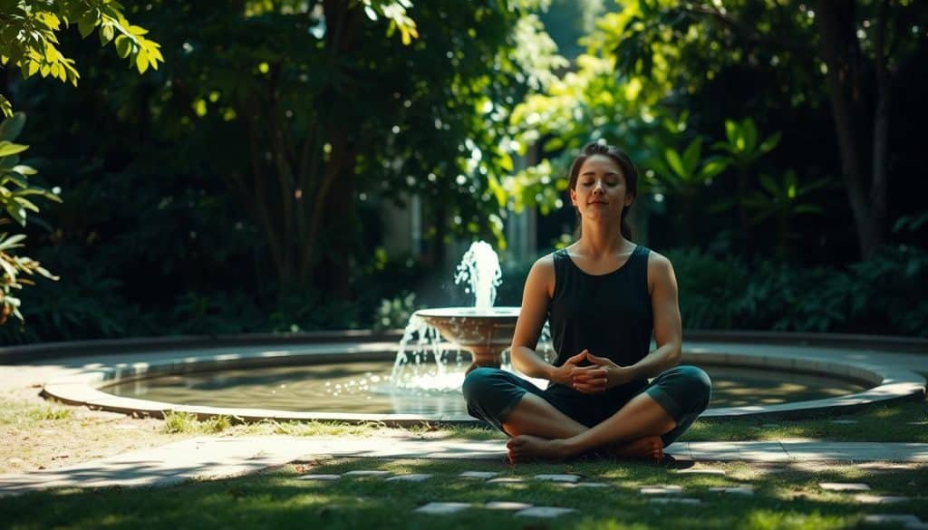 A serene, contemplative scene set in a tranquil, sun-dappled garden. In the foreground, a person sits cross-legged, eyes closed, deep in thoughtful meditation. Their expression radiates a sense of inner calm and focus. In the middle ground, a small fountain gently cascades, its soothing sounds accentuating the peaceful atmosphere. The background features lush, verdant foliage, with dappled light filtering through the leaves, creating a soft, ethereal ambiance. The overall mood is one of introspection, balance, and the ethical decision-making process unfolding within a serene, natural setting.