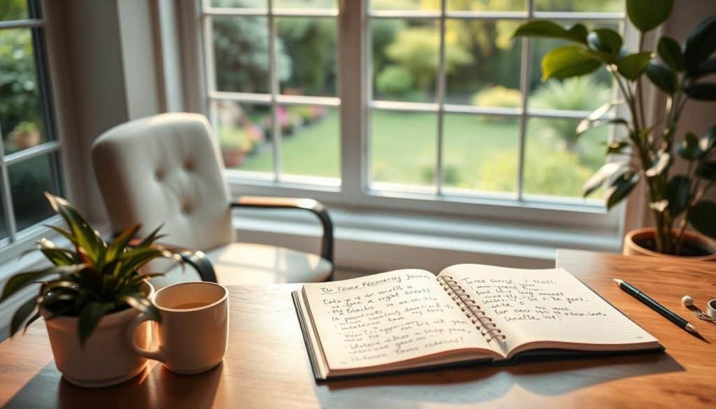 A serene home office setting, with a desk, chair, and a large window overlooking a lush garden. On the desk, a personalized recovery journal lies open, showcasing handwritten goals and aspirations. Soft, natural lighting filters through the window, casting a warm glow on the scene. In the foreground, a potted plant and a mug of tea or coffee add a touch of tranquility. The overall atmosphere is one of introspection, self-care, and a sense of personal growth and healing.