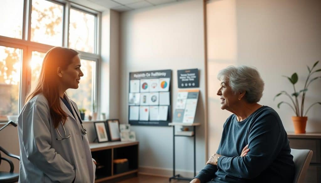 A serene medical office setting, flooded with warm, natural lighting from large windows. In the foreground, a healthcare provider and patient engaged in a thoughtful discussion, their expressions conveying a sense of trust and collaboration. The middle ground features educational materials and informative displays, highlighting the practice's commitment to empowering patients through health literacy. The background showcases a tranquil, inviting atmosphere, with subtle accents that reinforce the overall theme of wellness and patient-centered care.