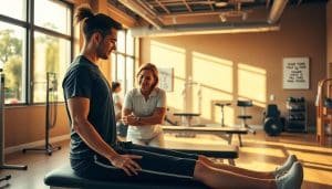 A serene sports therapy clinic, bathed in warm natural light filtering through large windows. In the foreground, an athletic individual receiving personalized treatment from a caring physiotherapist, their expressions conveying attentive care. In the middle ground, various rehabilitation equipment and tools strategically arranged, showcasing the clinic's specialized focus on individualized approaches. The background features soothing earth-toned walls, subtle motivational artwork, and a tranquil ambiance that invites a sense of healing and progress. The lighting is soft and diffused, highlighting the clinic's welcoming and therapeutic atmosphere.