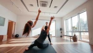 A serene sports therapy clinic in the heart of Calgary, showcasing the movement variability applications. The foreground features a patient undergoing a dynamic stretching routine, their body flowing with fluid motion. The middle ground displays a physiotherapist guiding the session, their hands demonstrating proper technique. In the background, the clinic's modern, minimalist design creates a calming atmosphere, with large windows allowing natural light to flood the space. Subtle earth tones and clean lines evoke a sense of balance and wellness. The scene is captured through a wide-angle lens, emphasizing the interconnectedness of the therapy process and the clinic's holistic approach to sports rehabilitation in Calgary.