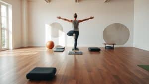 A serene studio setting with a wooden floor and natural lighting from large windows. In the foreground, a person stands on one leg, arms outstretched, demonstrating balance control techniques. The middle ground features various balance training equipment like stability balls, balance boards, and foam pads. The background depicts calming, abstract shapes and textures, creating a minimalist, zen-like atmosphere that emphasizes the focus on mindful movement and proprioception.