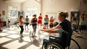 A serene, sun-dappled sports therapy clinic with a diverse group of neurodivergent athletes participating in various exercises and activities. In the foreground, a coach guides a young person in a wheelchair through a gentle stretching routine. In the middle ground, a group works collaboratively on a team-building exercise, their faces animated with focus and camaraderie. The background features a variety of specialized equipment and tools, suggesting a holistic approach to sports therapy. The lighting is soft and natural, creating a calming, therapeutic atmosphere. The overall scene conveys a sense of inclusivity, empowerment, and the transformative power of personalized sports therapy for neurodivergent individuals.