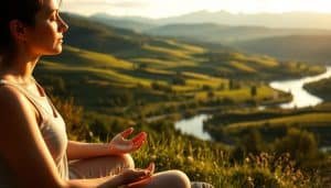 A serene, tranquil scene depicting the mind-body connection in recovery. In the foreground, a person sits in a meditative pose, eyes closed, hands resting gently on their lap. A warm, golden light bathes the scene, creating a sense of calm and introspection. In the middle ground, a lush, verdant landscape unfolds, with rolling hills and a winding river reflecting the sky. The background features a distant, snow-capped mountain range, symbolizing the journey of healing and growth. The overall atmosphere is one of balance, harmony, and the integration of the physical, mental, and spiritual aspects of the human experience.
