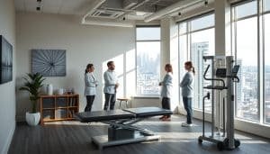 A serene, well-equipped physiotherapy clinic in downtown Calgary, with a welcoming reception area and modern treatment rooms. Soft natural lighting filters through large windows, illuminating the neutral-toned decor and soothing artwork on the walls. In the foreground, an ergonomic table and exercise equipment stand ready to support patients' rehabilitation journeys. Midground, a team of friendly, attentive physiotherapists consult with individuals, guiding them through personalized treatment plans. In the background, the bustling city skyline can be seen through the windows, a testament to the clinic's convenient urban location.