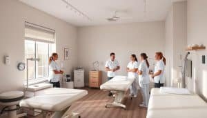 A serene, well-equipped treatment room with natural lighting filtering through large windows. The space exudes a calming atmosphere, with comfortable padded examination tables, state-of-the-art medical equipment, and soothing pastel wall colors. A team of attentive, compassionate sports therapists in pristine uniforms engage patients with empathy, ensuring their safety and comfort throughout the rehabilitation process. The room's layout and design prioritize privacy, accessibility, and a welcoming ambiance, fostering an environment of trust, professionalism, and personalized care.