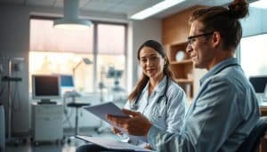 A serene, well-lit medical office with warm, natural lighting filtering through large windows. In the foreground, a healthcare professional reviews personalized treatment plans with a patient, their faces conveying a sense of collaboration and understanding. In the middle ground, various medical instruments and equipment suggest a multidisciplinary approach to care. The background features modern, minimalist decor that exudes a calming, professional atmosphere, inviting a sense of trust and comfort.