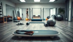 A serene, well-lit studio space filled with various sensorimotor integration tools and equipment. In the foreground, a balance board and a set of resistance bands lay neatly arranged. In the middle ground, a yoga mat, foam rollers, and stability balls are positioned, suggesting a range of exercises and techniques. The background features sleek, modern fitness equipment, conveying a sense of professionalism and expertise. Soft, diffused lighting creates a calming, therapeutic atmosphere, and the overall composition emphasizes the integrated, holistic nature of sensorimotor training. The scene exudes a sense of balance, mindfulness, and the pursuit of optimal physical and cognitive performance.