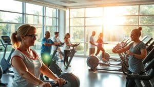 A spacious rehabilitation center, bathed in warm, natural light streaming through large windows. In the foreground, a group of patients engage in various cardio exercises on state-of-the-art equipment, their expressions focused and determined. The middle ground features a team of attentive physical therapists, offering guidance and encouragement. In the background, a serene garden view provides a calming backdrop, promoting a sense of holistic well-being. The scene conveys a harmonious blend of medical expertise, patient commitment, and the restorative power of the environment, all working together to improve cardiorespiratory fitness during the rehabilitation process.