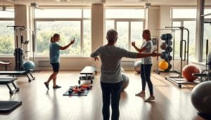 A spacious, well-equipped rehabilitation gym flooded with warm, natural light. In the foreground, a patient diligently performs a series of stretches and exercises under the watchful guidance of a physical therapist. The middle ground features a range of state-of-the-art equipment, from resistance bands to exercise balls, arranged in a harmonious layout. In the background, large windows offer a serene view of a lush, verdant landscape, creating a calming, restorative atmosphere. The overall scene conveys a sense of consistent, focused physical activity, reflecting the rehabilitation process and the importance of maintaining an active lifestyle.
