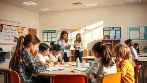 A spacious, well-lit classroom setting, with students engaged in various educational activities. In the foreground, a group of students collaboratively working on a therapy-related project, using educational materials and interactive tools. In the middle ground, a therapist guiding the students, demonstrating techniques and providing guidance. The background features inspirational wall displays, educational posters, and a sense of a nurturing, supportive learning environment. Warm, natural lighting illuminates the scene, creating a inviting and engaging atmosphere for the educational approach to therapy adherence.