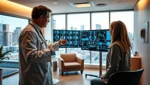 A spacious, well-lit medical office interior with a warm, inviting ambiance. In the foreground, a physician gestures towards a large, detailed display screen showcasing diagnostic imaging scans and data, guiding a patient through the complexities of their health condition. The middle ground features comfortable seating and a calming, neutral color palette. The background subtly hints at the bustling city of Calgary beyond the office windows, creating a sense of professional expertise within a vibrant urban setting. Soft, directional lighting illuminates the scene, conveying a sense of trustworthiness and expert guidance.