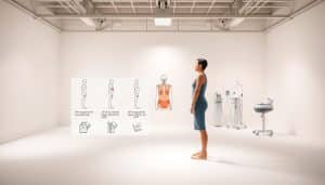 A spacious, well-lit studio setting with a clean, professional atmosphere. In the foreground, a person standing in a neutral stance, their posture carefully analyzed from multiple angles. The middle ground features a series of illustrated steps outlining the key stages of a thorough postural assessment, with clear, concise visualizations. The background showcases a minimalist, clinical environment with medical equipment and diagnostic tools, conveying the scientific and evidence-based nature of the process. Soft, directional lighting illuminates the scene, emphasizing the subject's form and the clarity of the instructional elements. The overall tone is one of informative authority, guiding the viewer through the essential steps of expert postural evaluation.