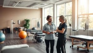 A sports therapy clinic set in a warm, inviting environment. In the foreground, a patient and a physiotherapist engaged in a thoughtful discussion, their body language conveying a collaborative decision-making process. The middle ground features various therapeutic equipment like exercise balls, massage tables, and rehabilitation devices, hinting at the range of treatments available. The background showcases large windows allowing natural light to flood the space, creating a calming and rejuvenating atmosphere. The overall scene evokes a sense of professionalism, care, and a patient-centered approach to sports therapy decision-making.