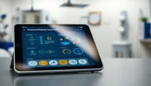 A sports therapy decision-making framework application displayed on a sleek, modern tablet device. The foreground shows the interactive user interface with intuitive controls and visualizations, including charts, diagrams, and interactive elements. The middle ground features a blurred medical clinic setting, with subtle hints of medical equipment and professional decor. The background is softly lit, creating a serene and professional atmosphere, emphasizing the app's role in guiding sports therapy practitioners. The image conveys a sense of efficiency, evidence-based practice, and seamless integration of technology into the sports therapy workflow.