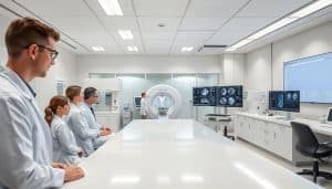 A state-of-the-art medical research laboratory, bathed in a soft, clinical light. Pristine white countertops, gleaming equipment, and a sense of meticulous attention to detail. In the foreground, researchers in lab coats analyze data, their faces intent as they study the latest findings. The middle ground showcases advanced diagnostic imaging tools, their screens displaying intricate scans and visualizations. In the background, a wall-mounted display presents a compelling data visualization, illustrating the precision and reliability of the research conducted within these walls. An atmosphere of dedication, innovation, and a commitment to evidence-based practice permeates the scene.